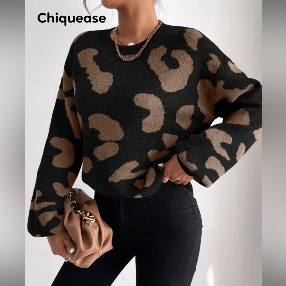 SHEIN Black & Brown Leopard Print Crewneck Sweater